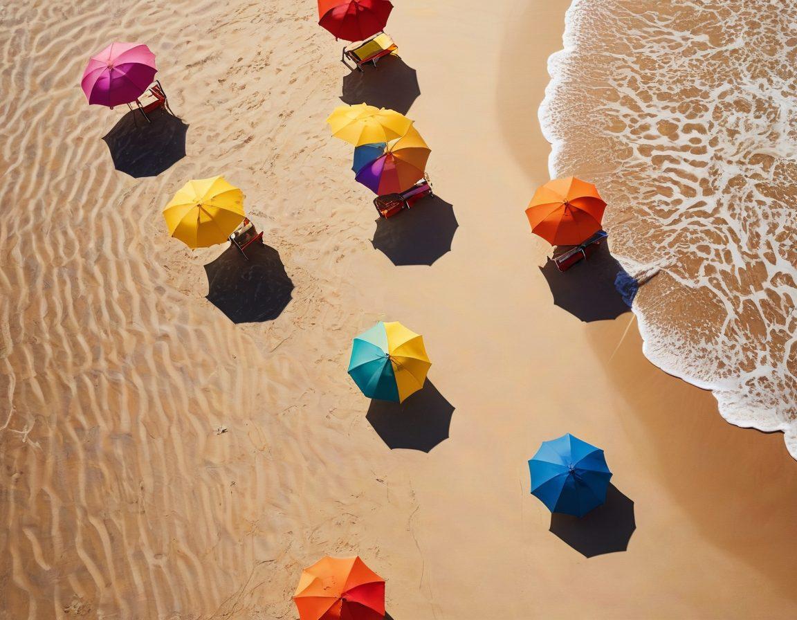 A vibrant beach scene illustrating diverse individuals flaunting trendy swimwear and beach attire, with colorful umbrellas and ocean waves in the background. Include stylish beach accessories like sunglasses and beach hats, creating a fun and lively atmosphere. The sun is shining bright, casting playful shadows on the sand. super-realistic. vibrant colors.