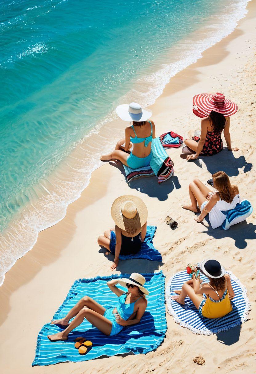 A stylish beach scene featuring a diverse group of fashionable individuals wearing vibrant swimsuits, cover-ups, and sun hats, lounging on a sandy shore with crystal-clear water in the background. Include colorful beach accessories like oversized beach bags, sunglasses, and umbrellas, with a bright blue sky dotted with fluffy clouds. Capturing a sense of effortless chic and relaxed elegance. super-realistic. vibrant colors. sunny beach atmosphere.